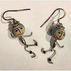 RARE VINTAGE Sterling Silver Artist Dancing Man Earrings W/moving Limbs AQUA